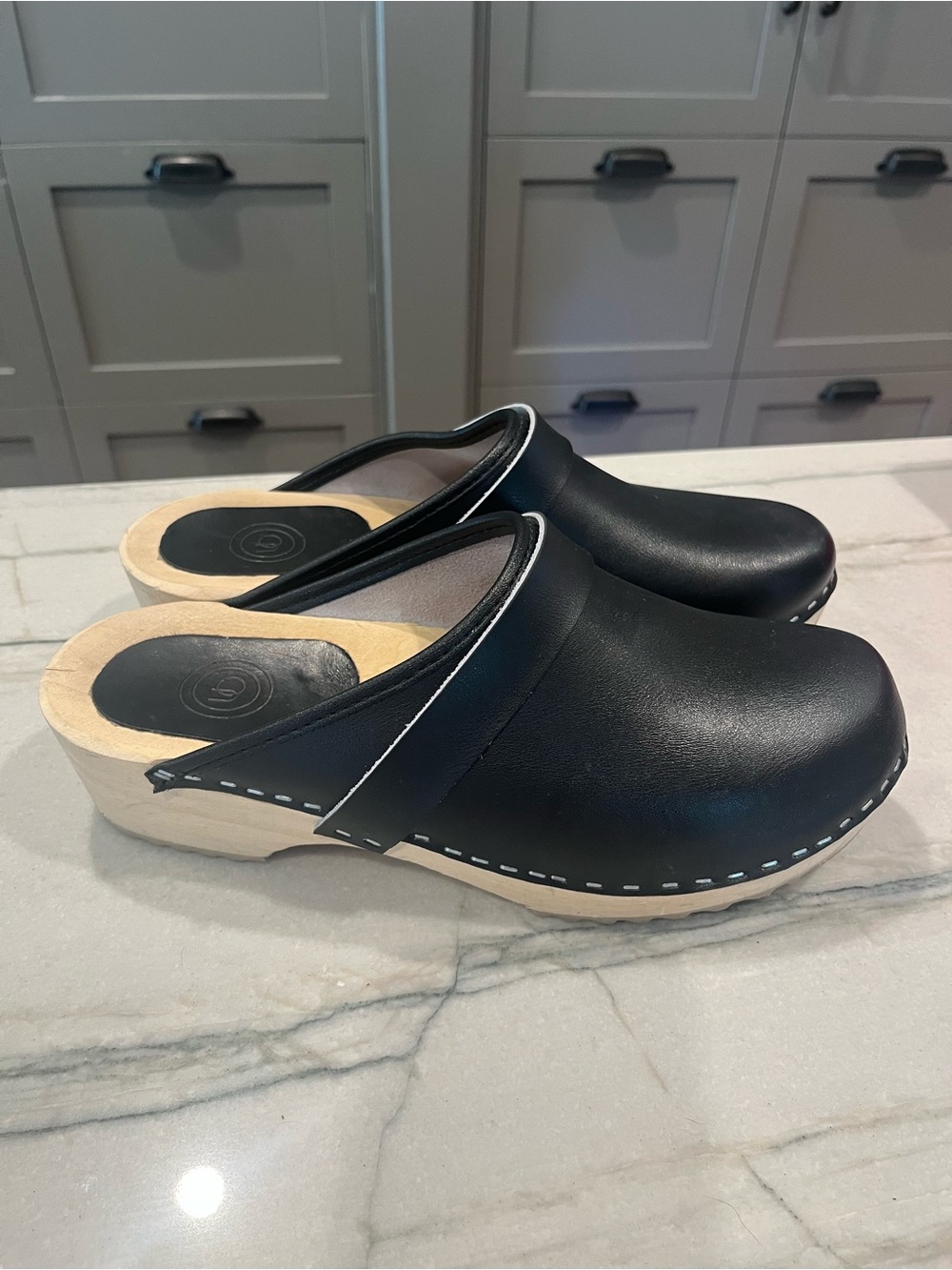 Urban Outfitters Classic Black Leather Clogs with Wood  Sole